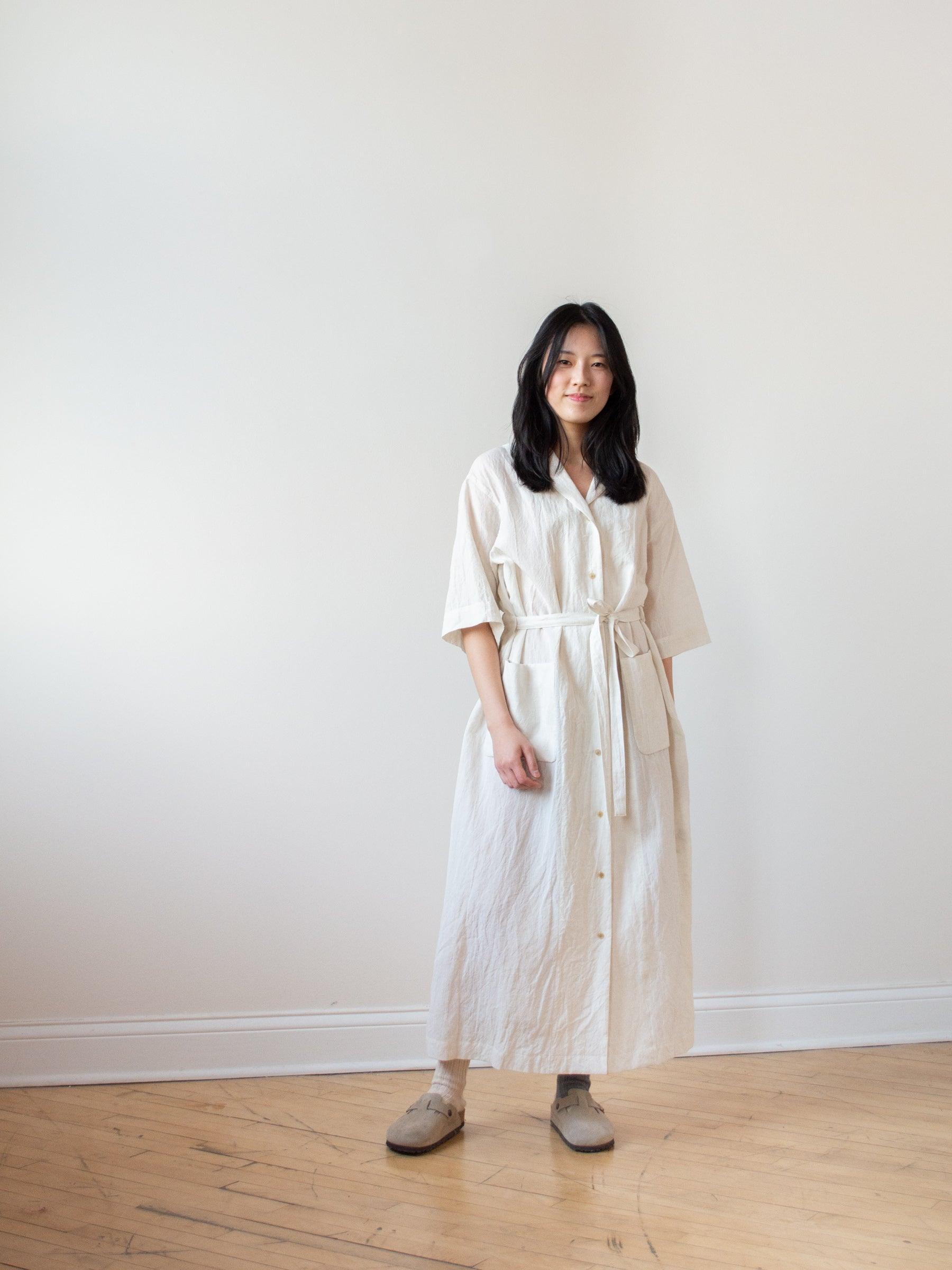 Namu Shop - Phlannel Cotton Linen Voile Open Collared Dress - Ivory