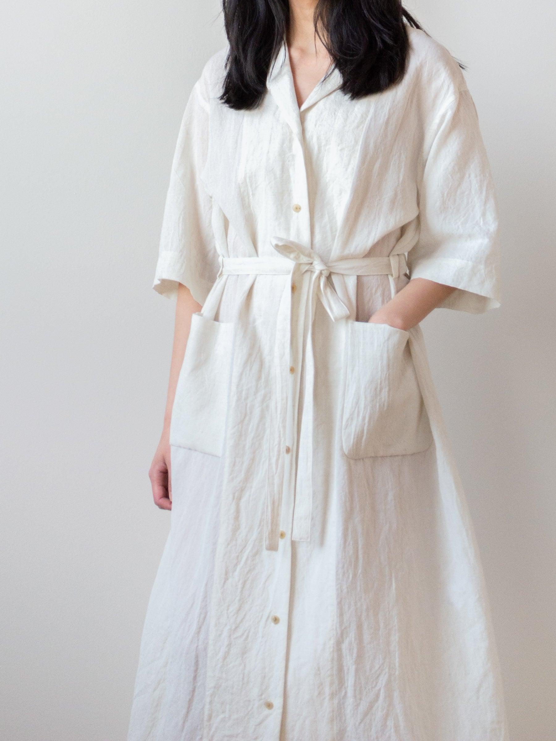 Cotton Linen Voile Open Collared Dress - Ivory Cotton Linen Voile Open Collared Dress - Ivory