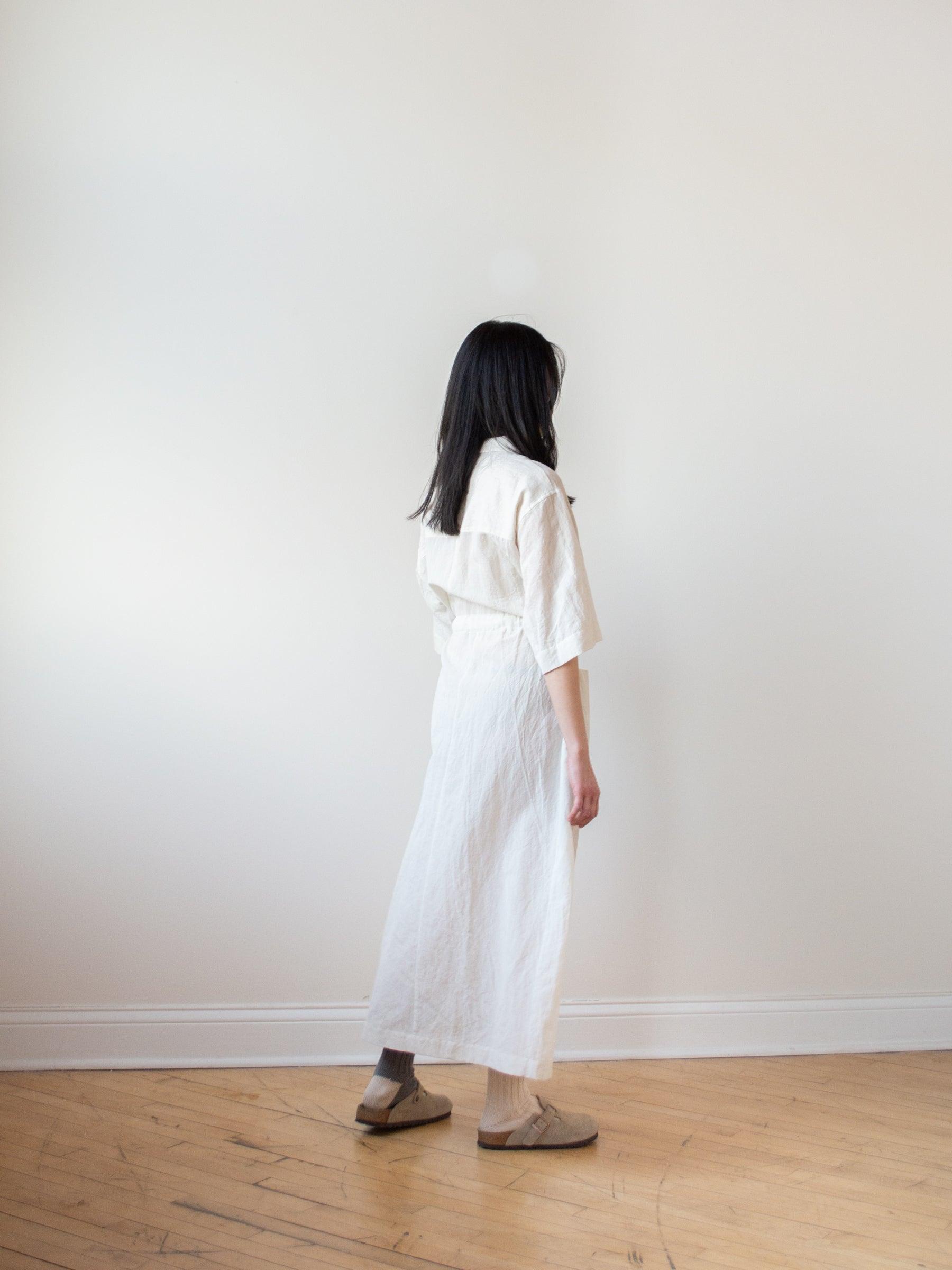 Namu Shop - Phlannel Cotton Linen Voile Open Collared Dress - Ivory