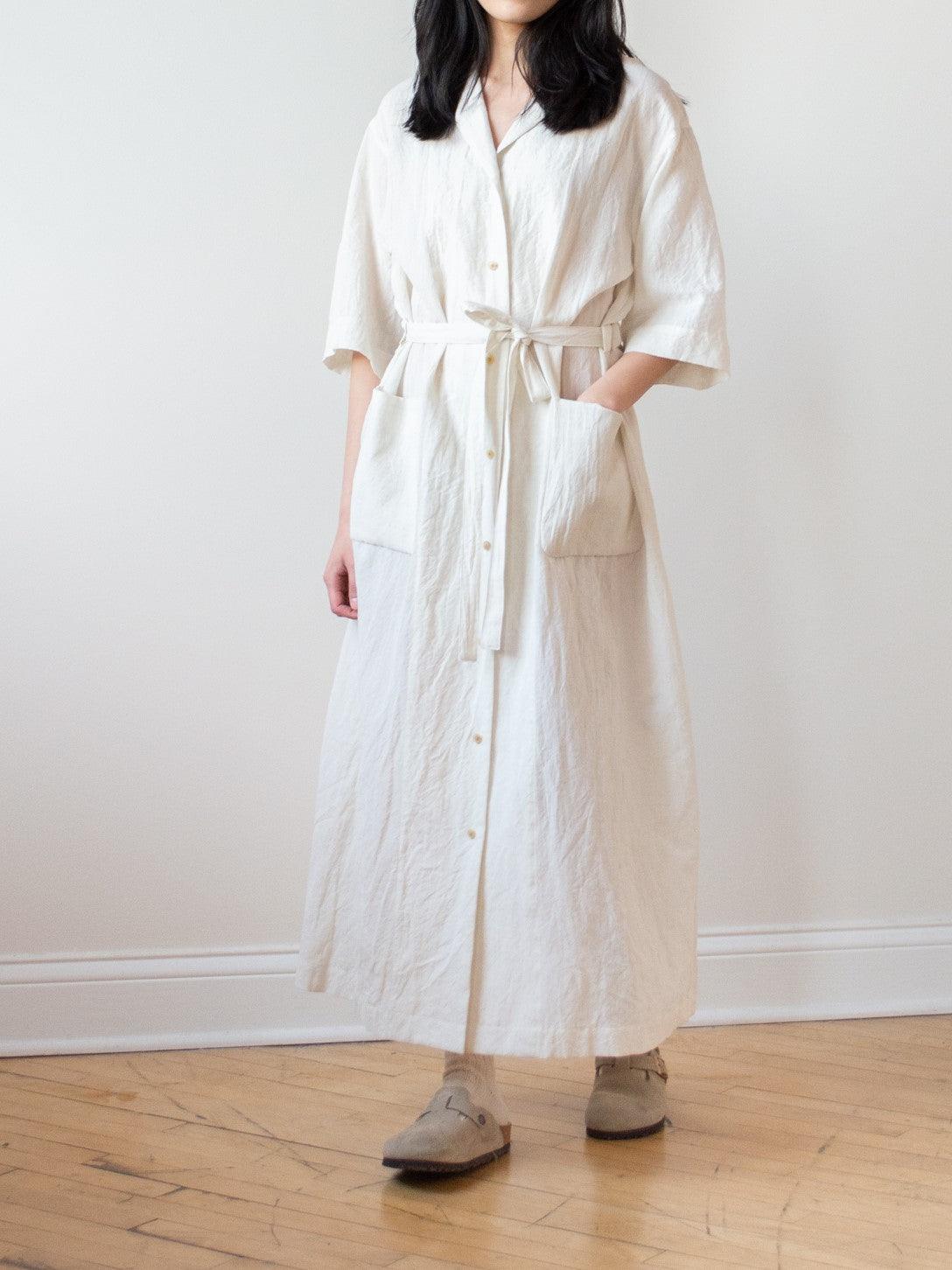 Namu Shop - Phlannel Cotton Linen Voile Open Collared Dress - Ivory