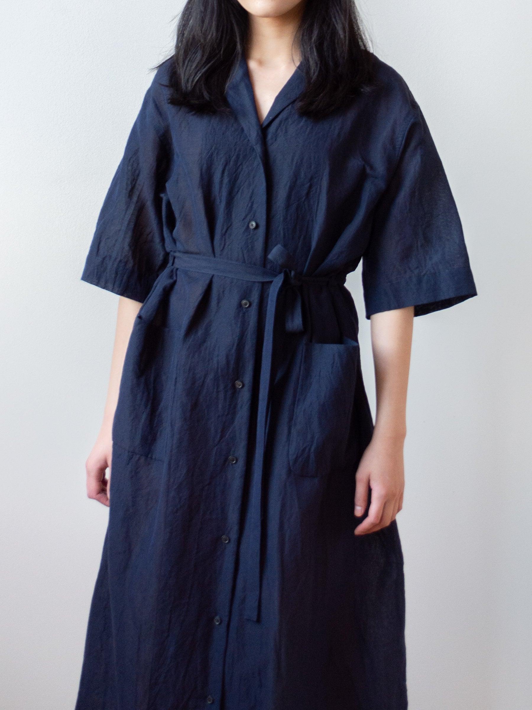 Cotton Linen Voile Open Collared Dress - Navy Cotton Linen Voile Open Collared Dress - Navy
