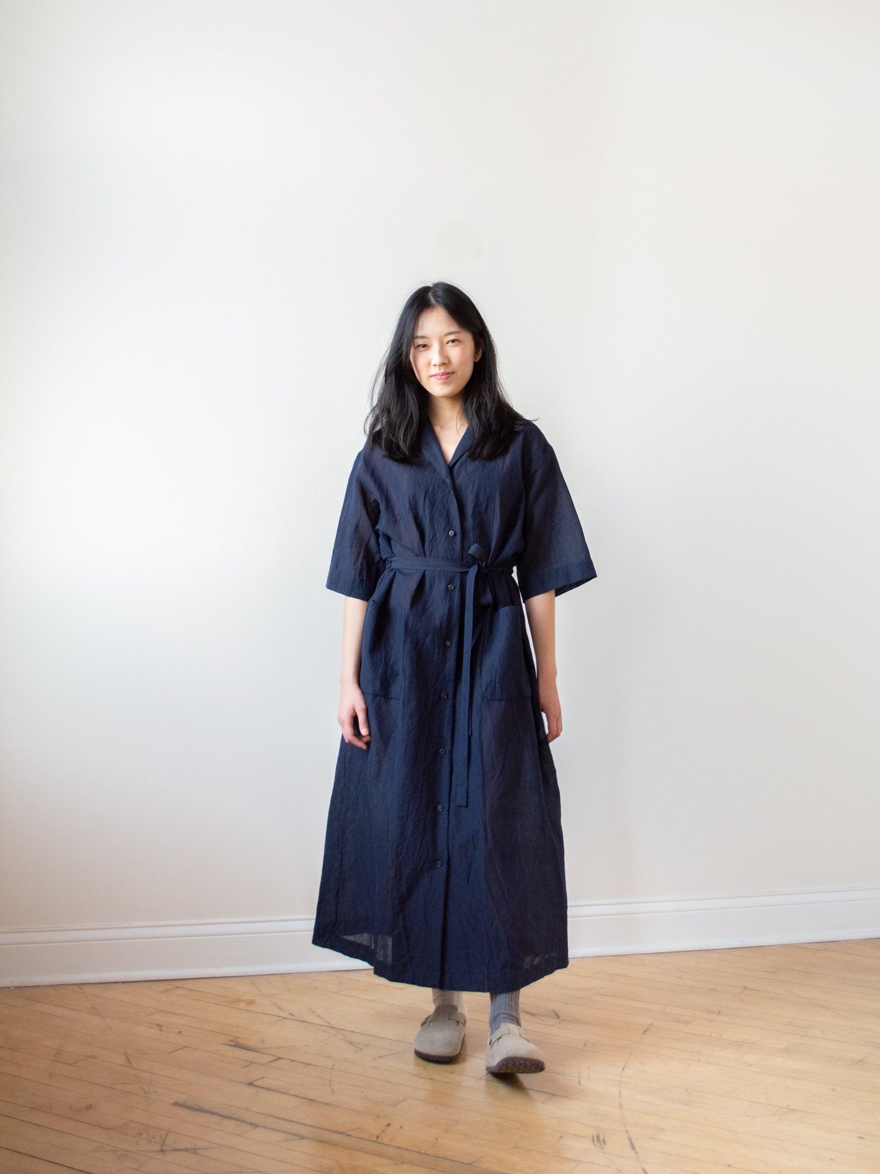 Namu Shop - Phlannel Cotton Linen Voile Open Collared Dress - Navy
