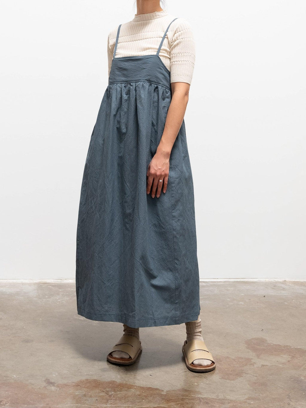 Namu Shop - Phlannel Cotton Silk Ramie Check Camisole Dress - Gray Blue