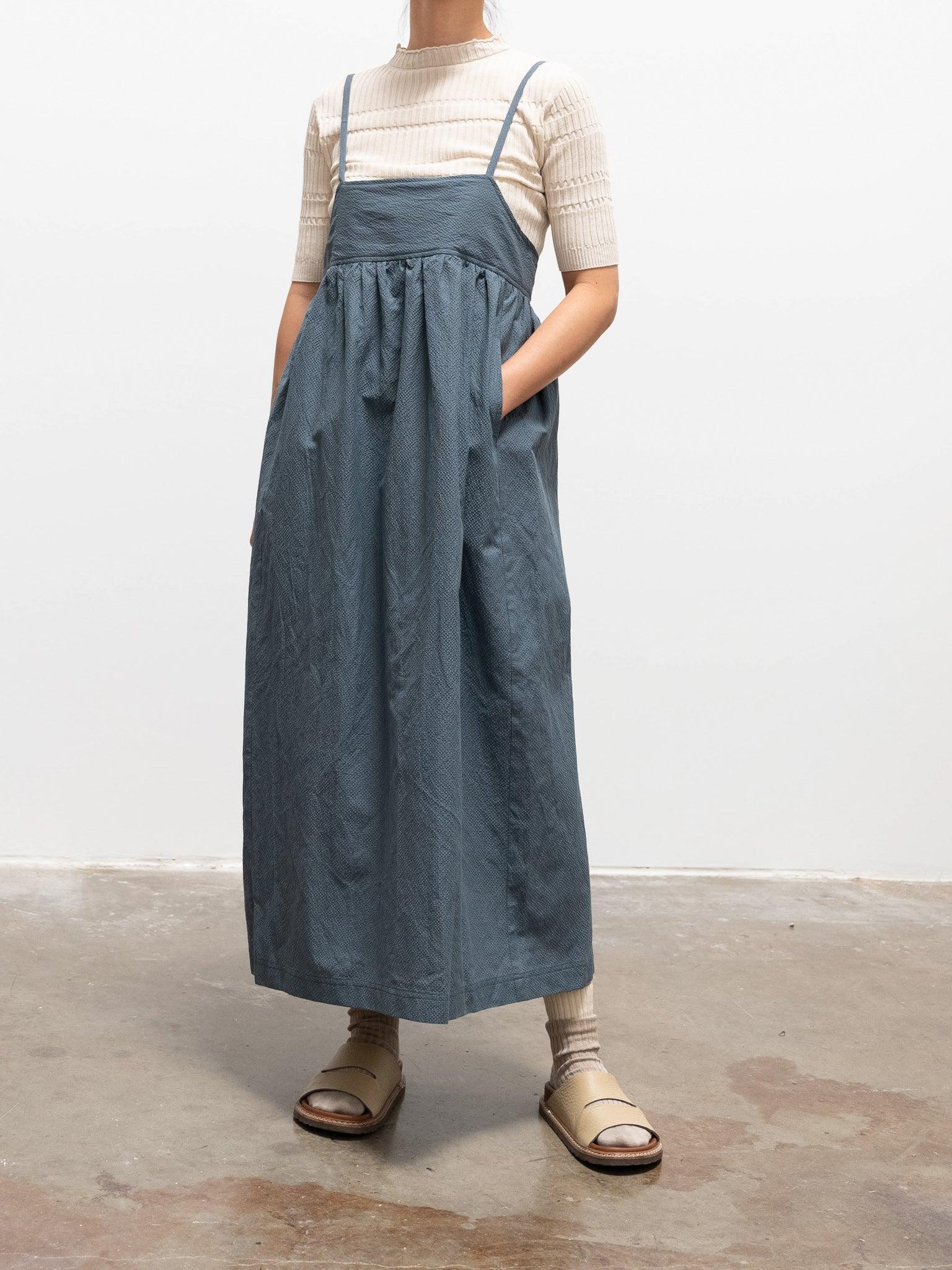 Cotton Silk Ramie Check Camisole Dress - Gray Blue Cotton Silk Ramie Check Camisole Dress - Gray Blue