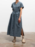 Namu Shop - Phlannel Cotton Silk Ramie Check French Dress - Gray Blue
