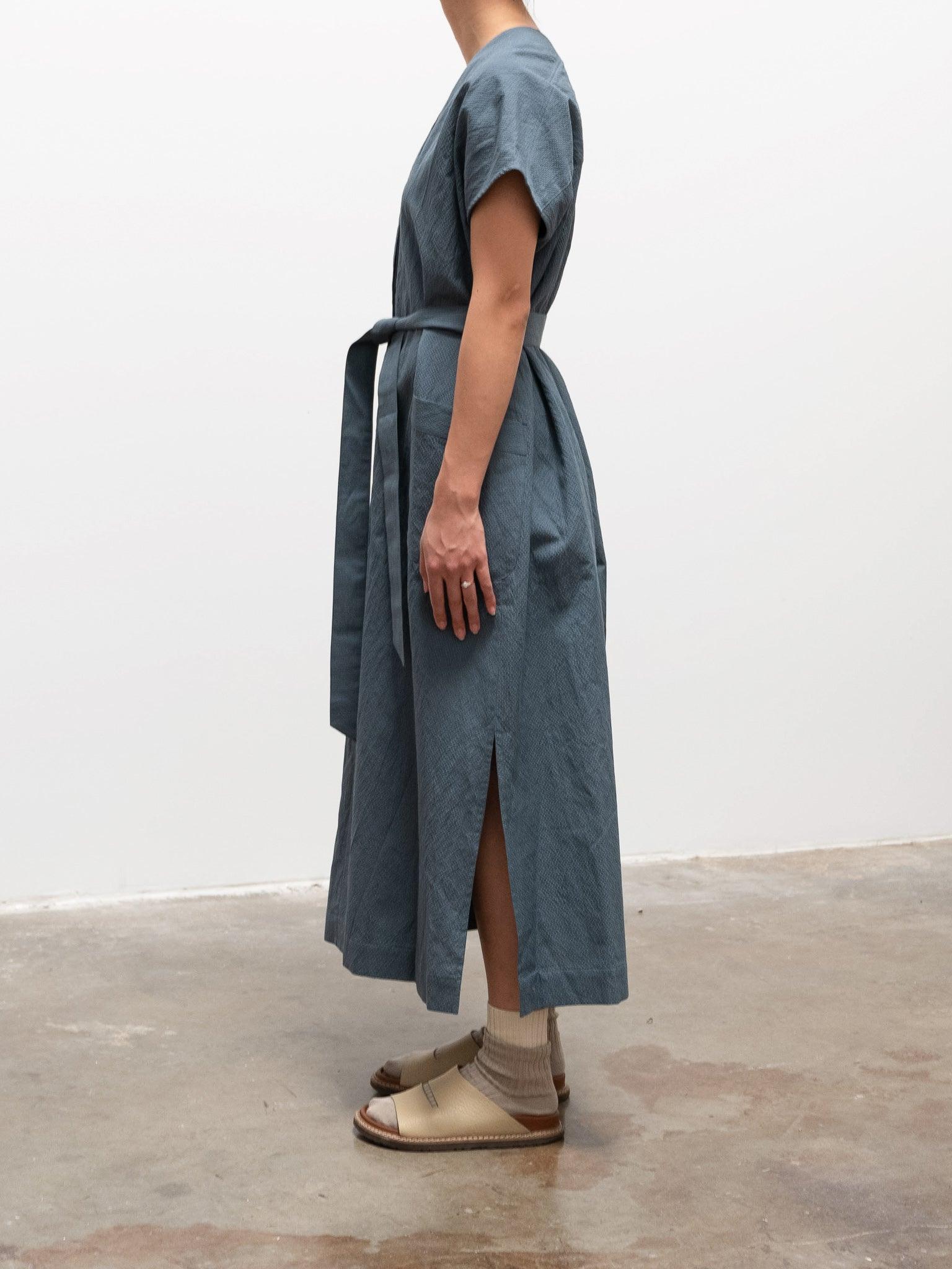 Namu Shop - Phlannel Cotton Silk Ramie Check French Dress - Gray Blue