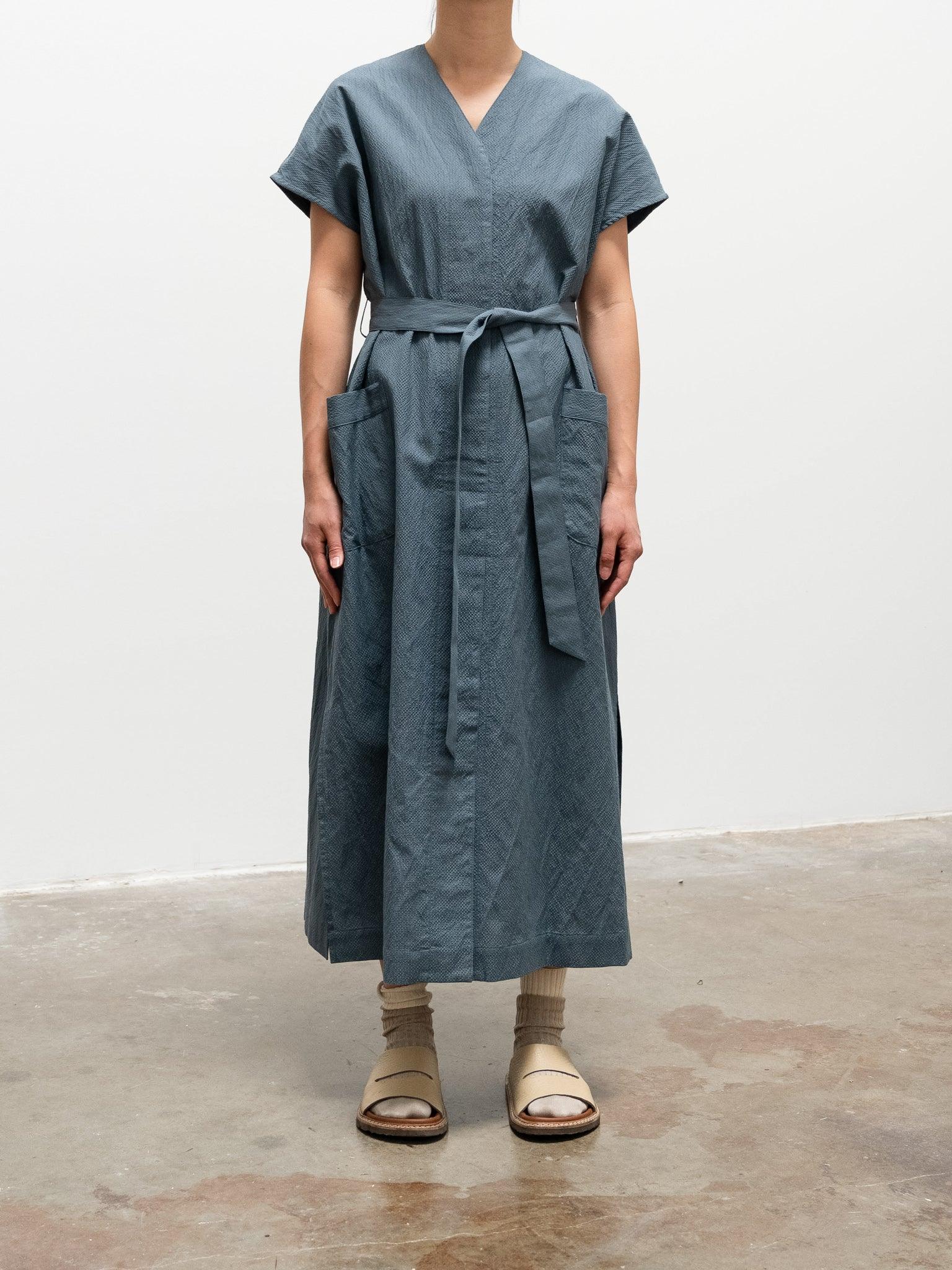 Namu Shop - Phlannel Cotton Silk Ramie Check French Dress - Gray Blue