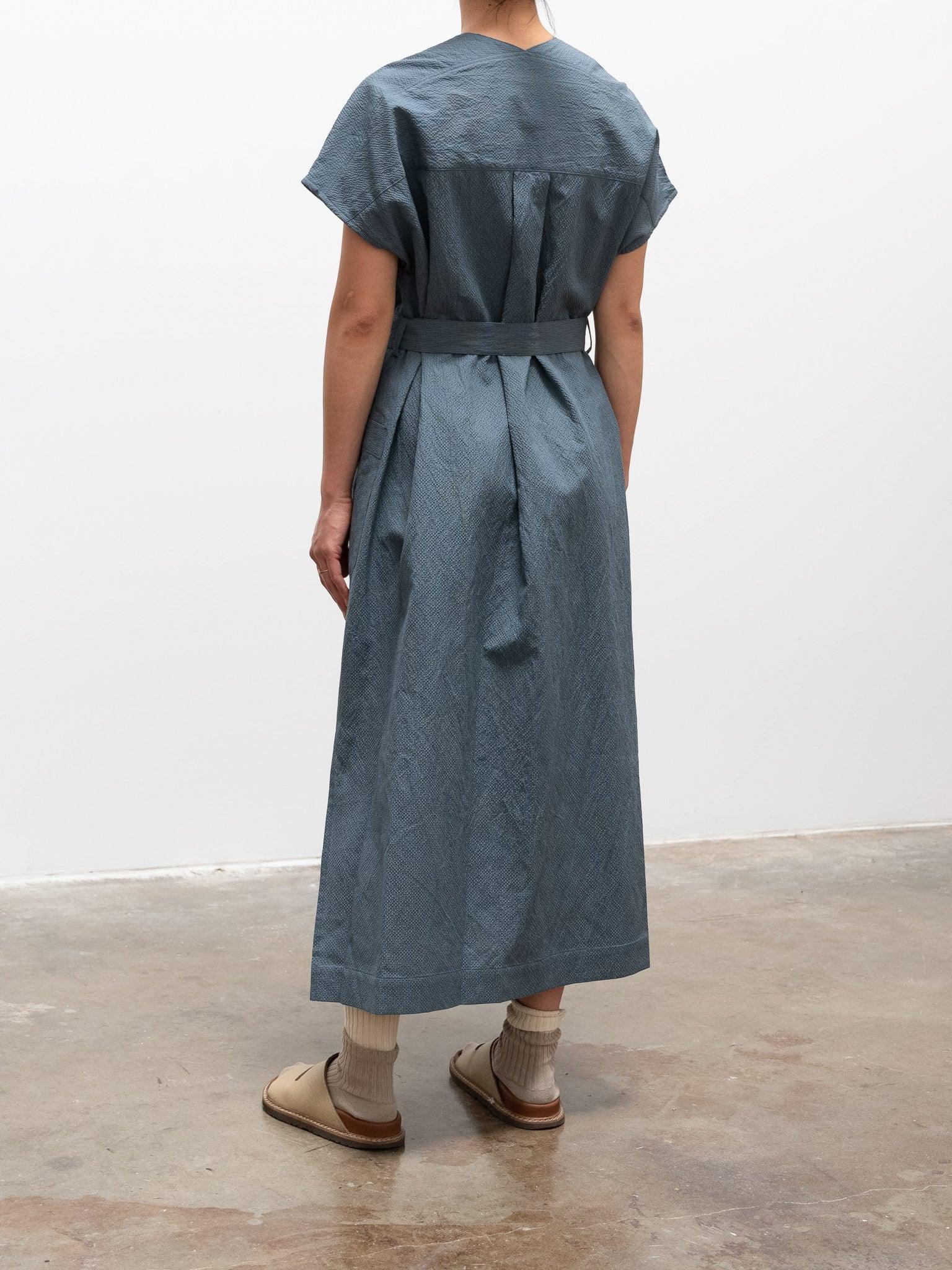 Namu Shop - Phlannel Cotton Silk Ramie Check French Dress - Gray Blue