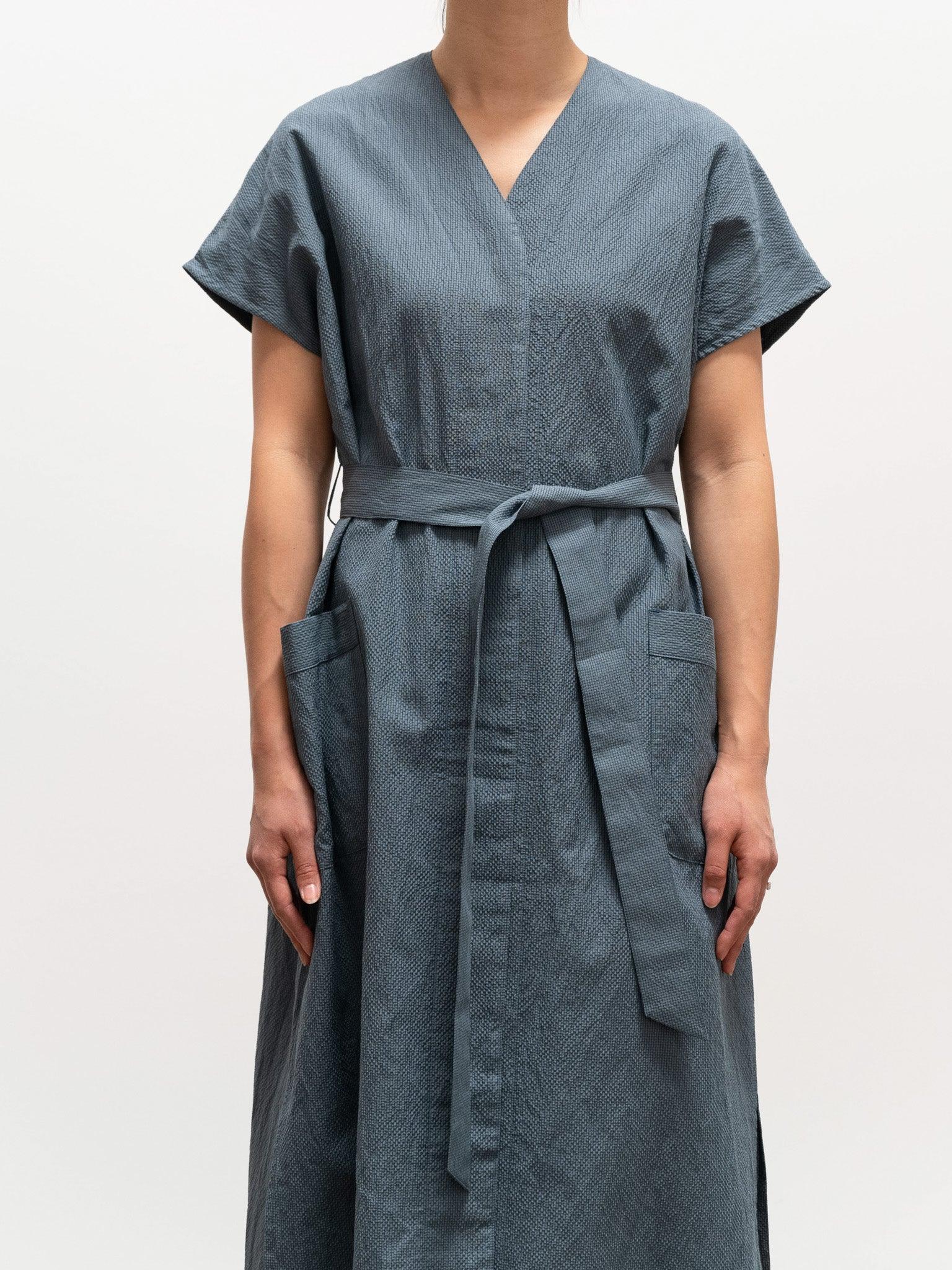 Namu Shop - Phlannel Cotton Silk Ramie Check French Dress - Gray Blue