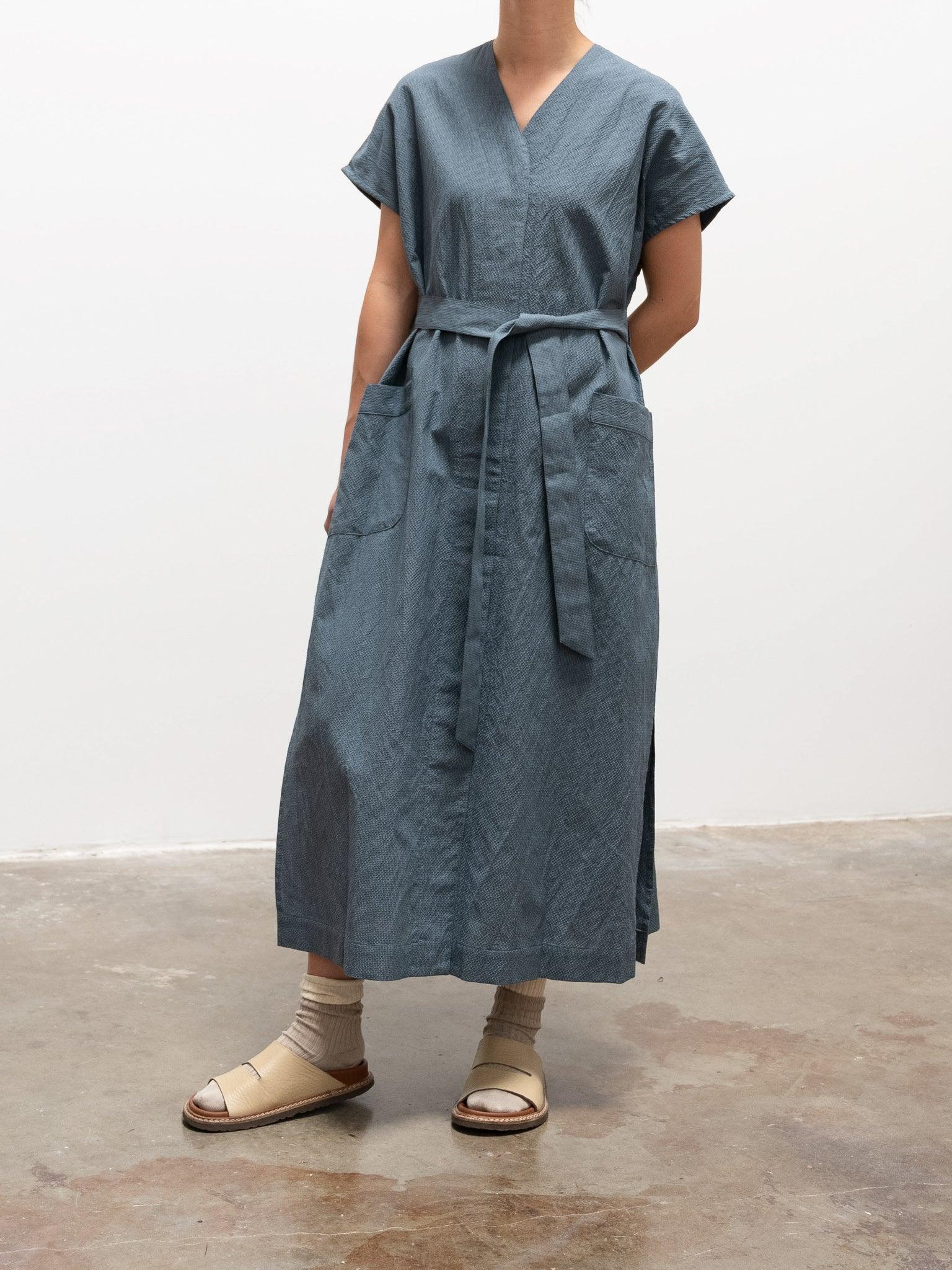 Namu Shop - Phlannel Cotton Silk Ramie Check French Dress - Gray Blue
