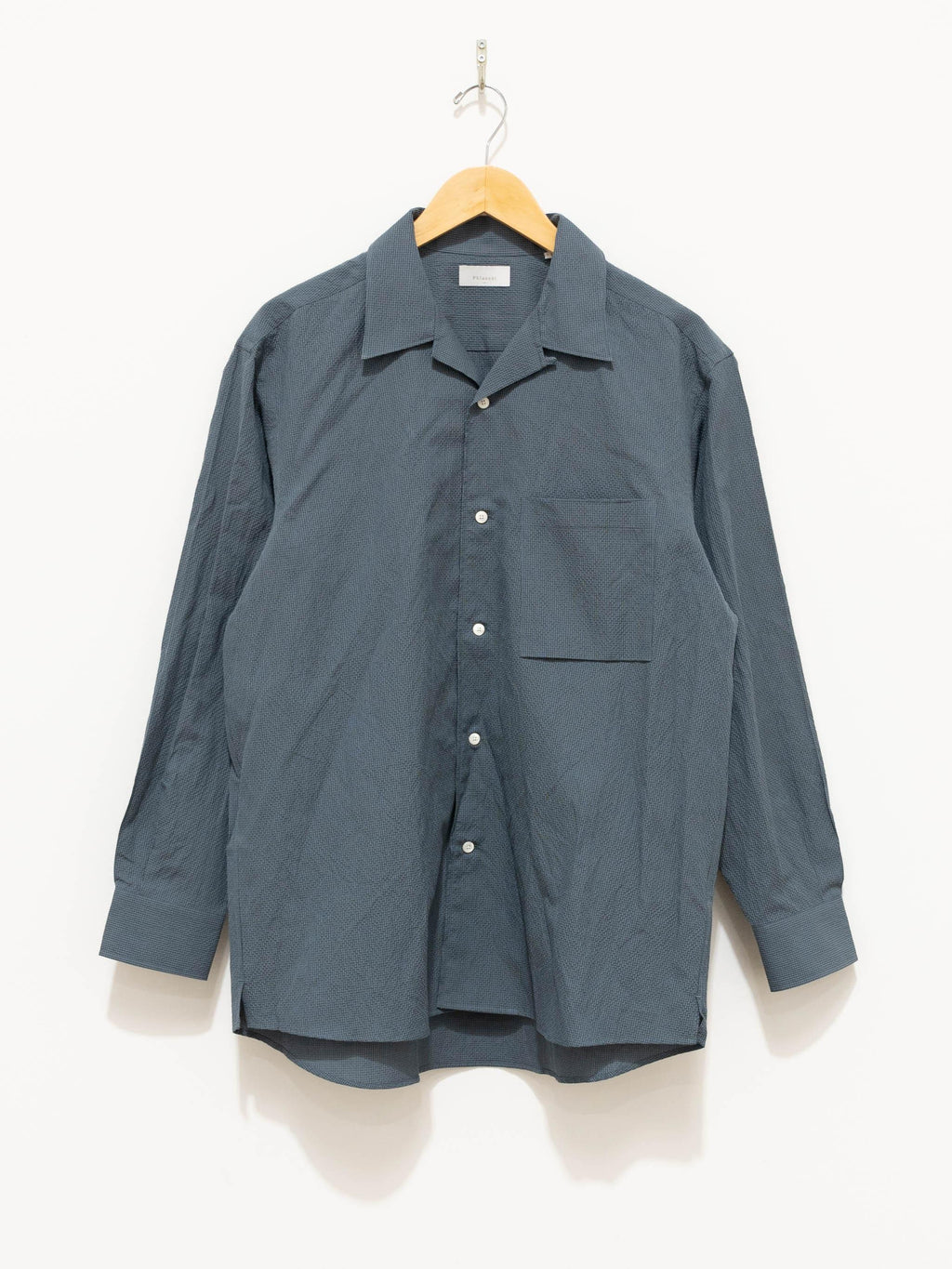 Namu Shop - Phlannel Cotton Silk Ramie Check Open Collar Overshirt - Gray Blue