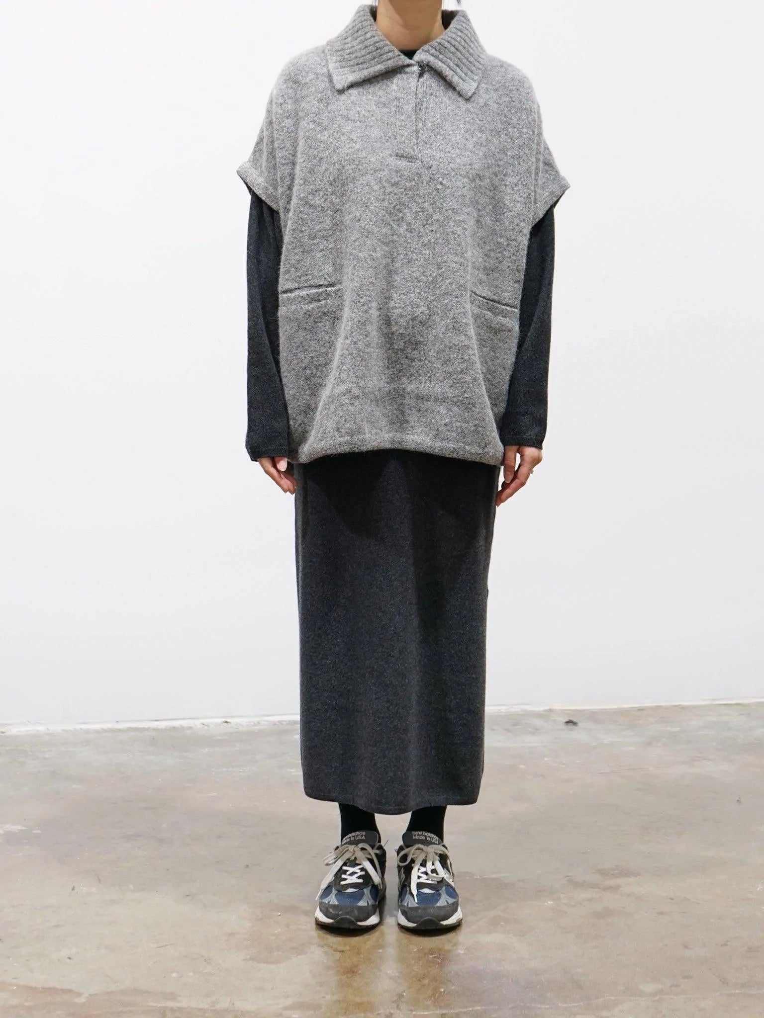 Namu Shop - Phlannel Felt Wool Knit Skipper Poncho - Gray