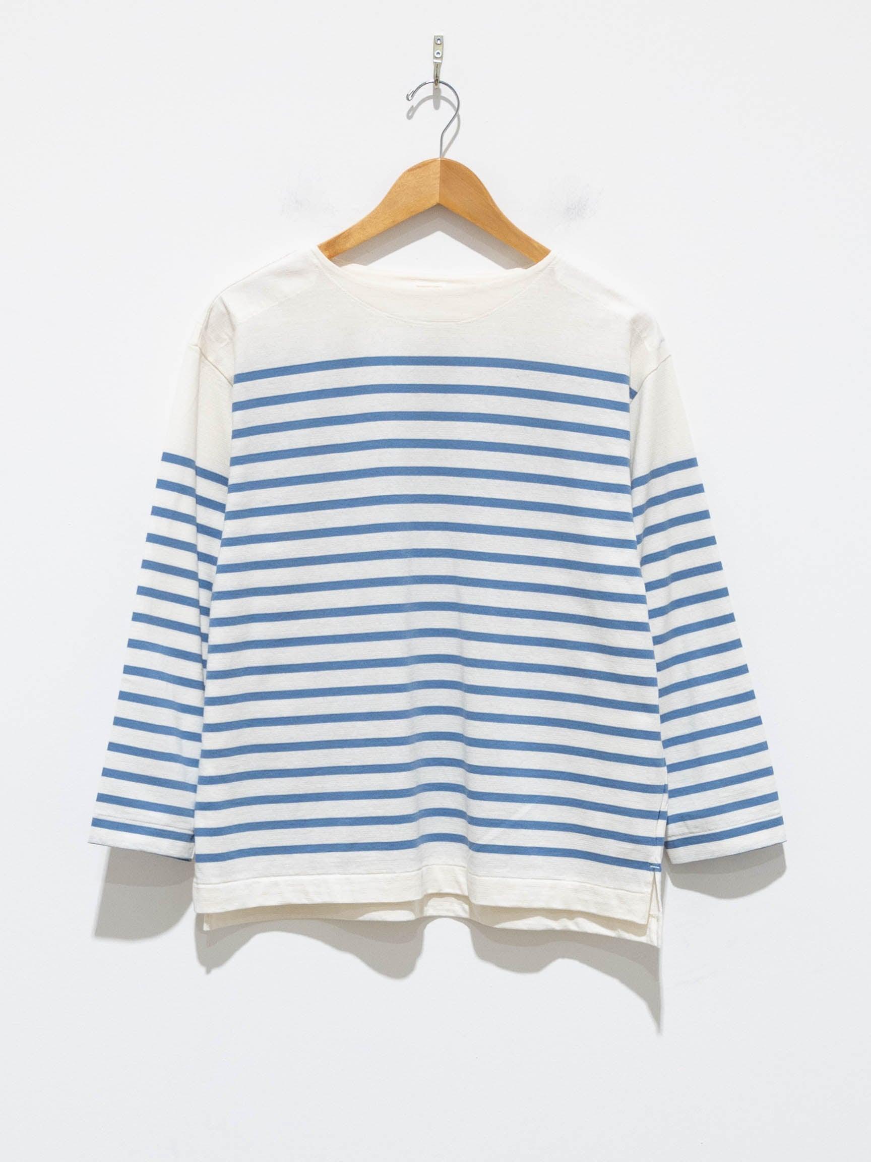 Namu Shop - Phlannel Washi Cotton Panel Border Basque Shirt - White/Pale Blue