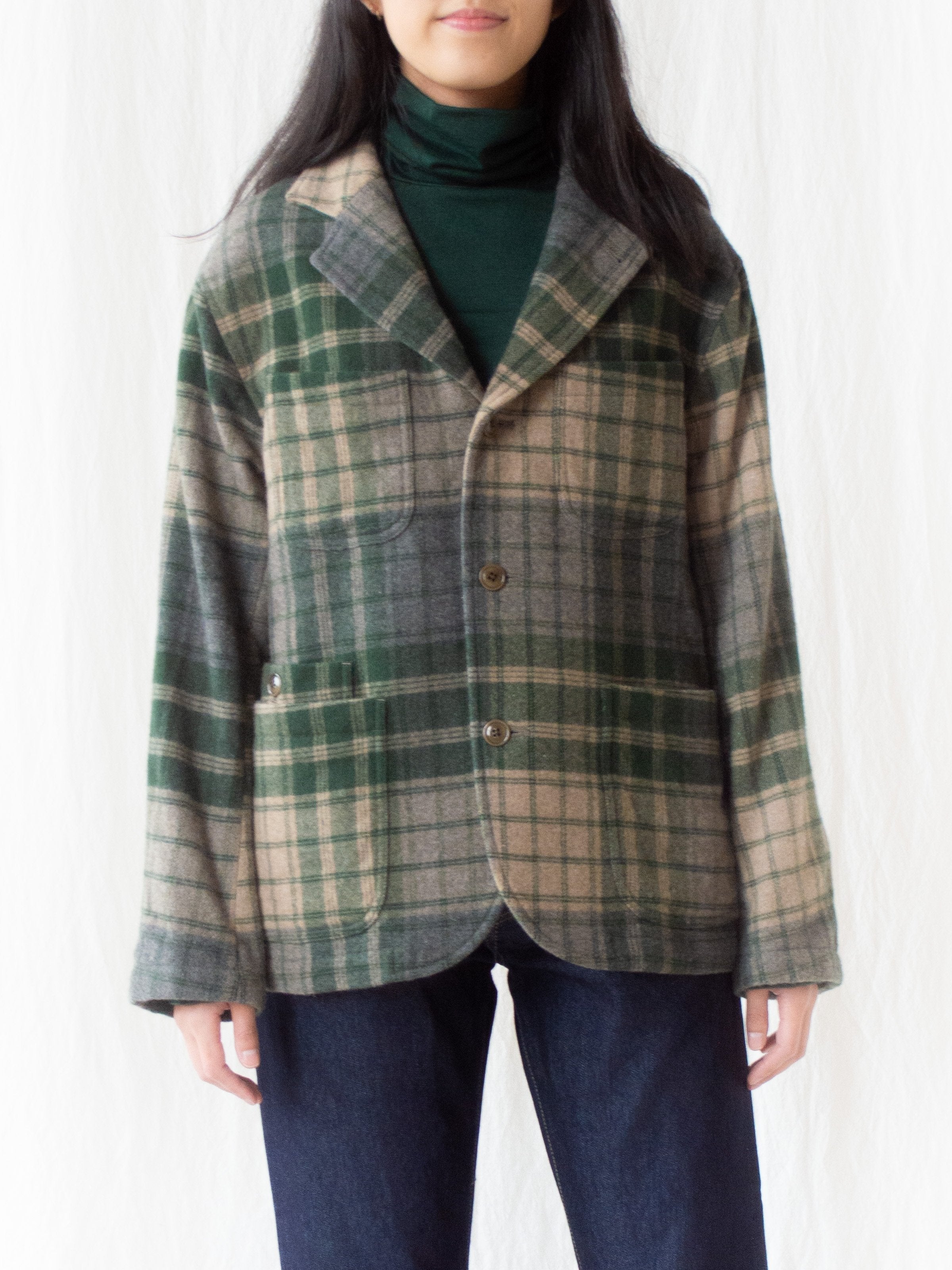 Namu Shop - ts(s) 4+1 Patch Pocket Jacket - Green/Gray Beige Wool Plaid