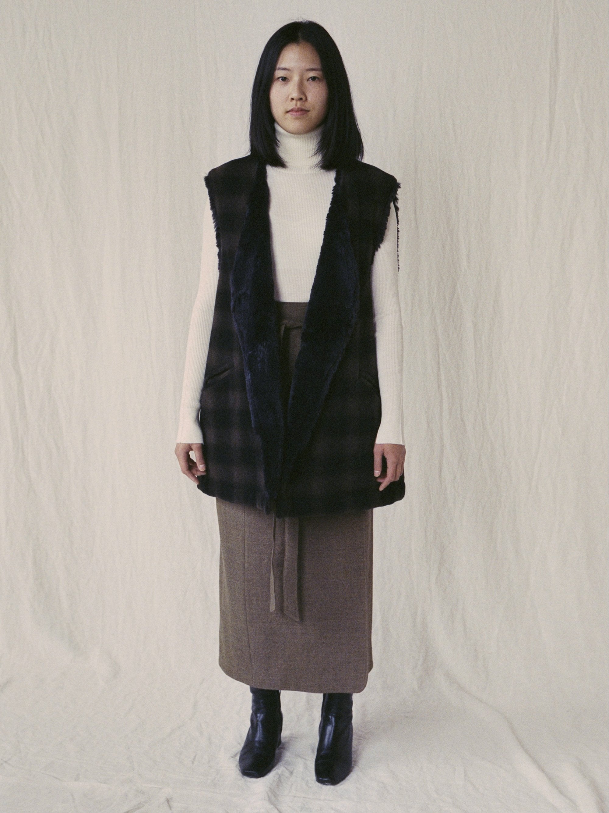 Namu Shop - ts(s) Boa Lined Belted Vest - Ombre Plaid Wool