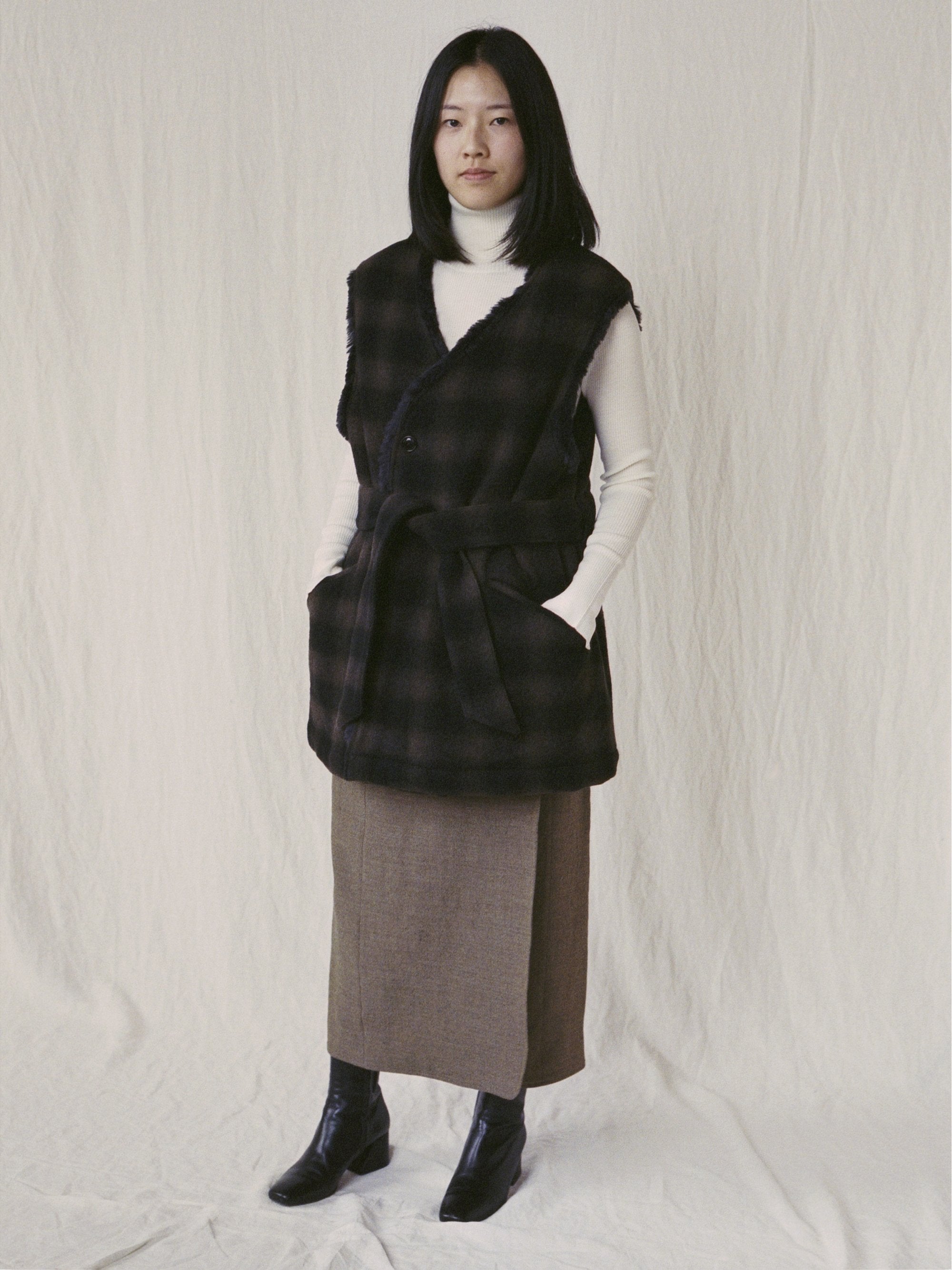 Namu Shop - ts(s) Boa Lined Belted Vest - Ombre Plaid Wool