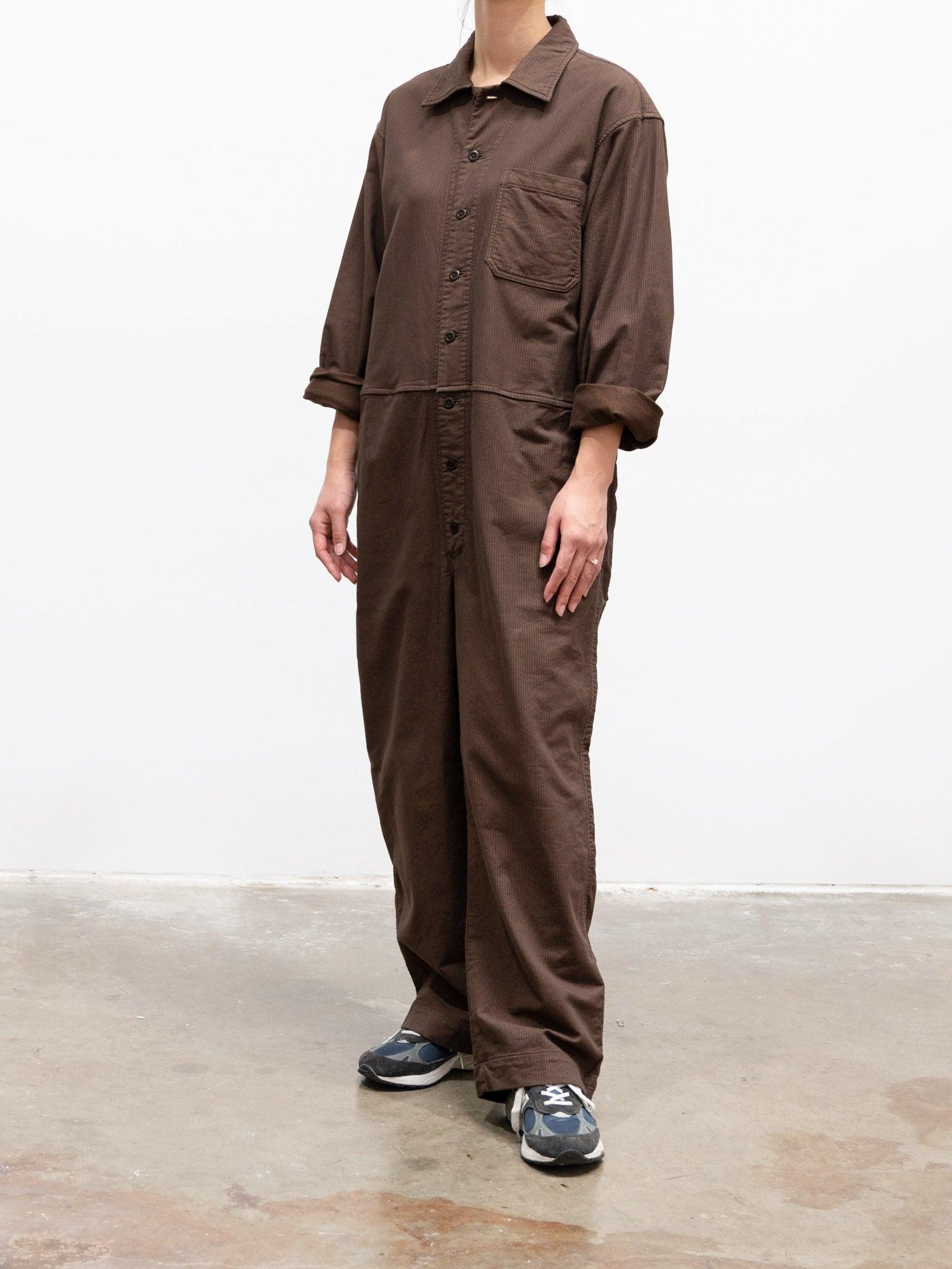 Namu Shop - ts(s) Garment Dyed Stripe Stretch Baggy Jumpsuit - Brown