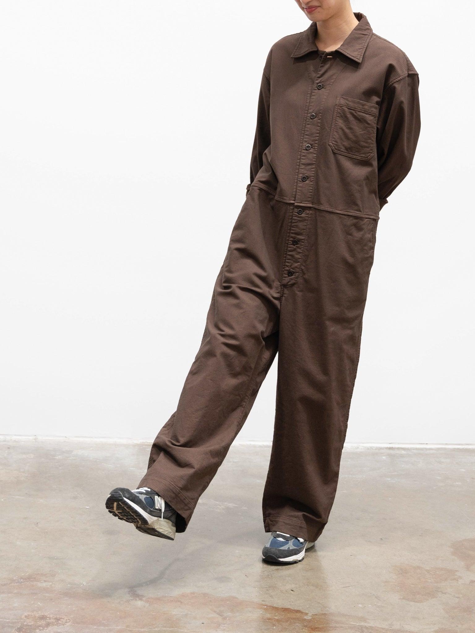 Namu Shop - ts(s) Garment Dyed Stripe Stretch Baggy Jumpsuit - Brown