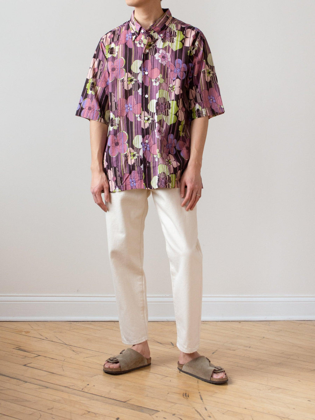 Namu Shop - ts(s) Retro Flower Print S/S BD Shirt - Wine