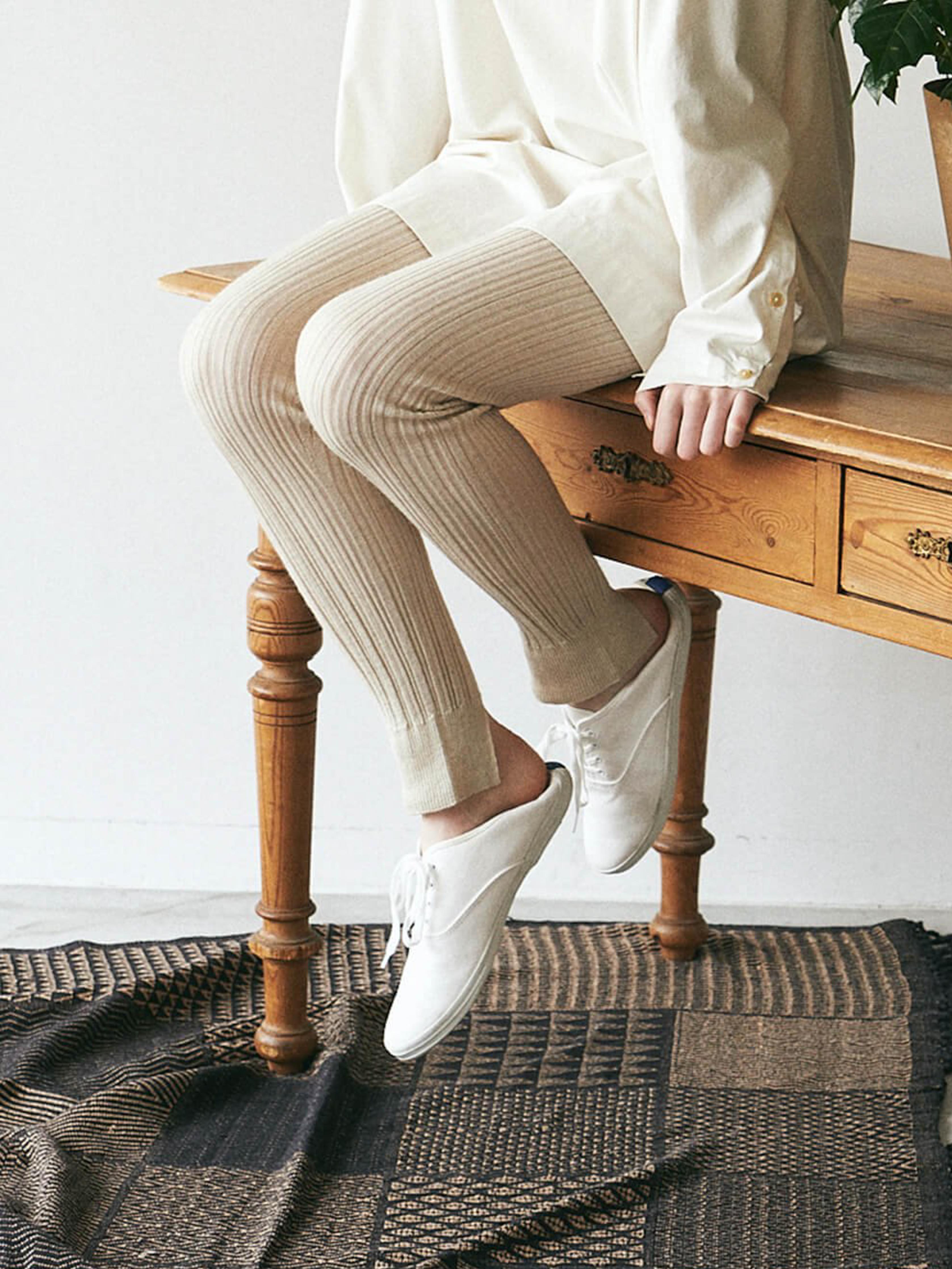 Namu Shop - Unfil Baby Suri Alpaca Ribbed Knit Leggings - Oyster White