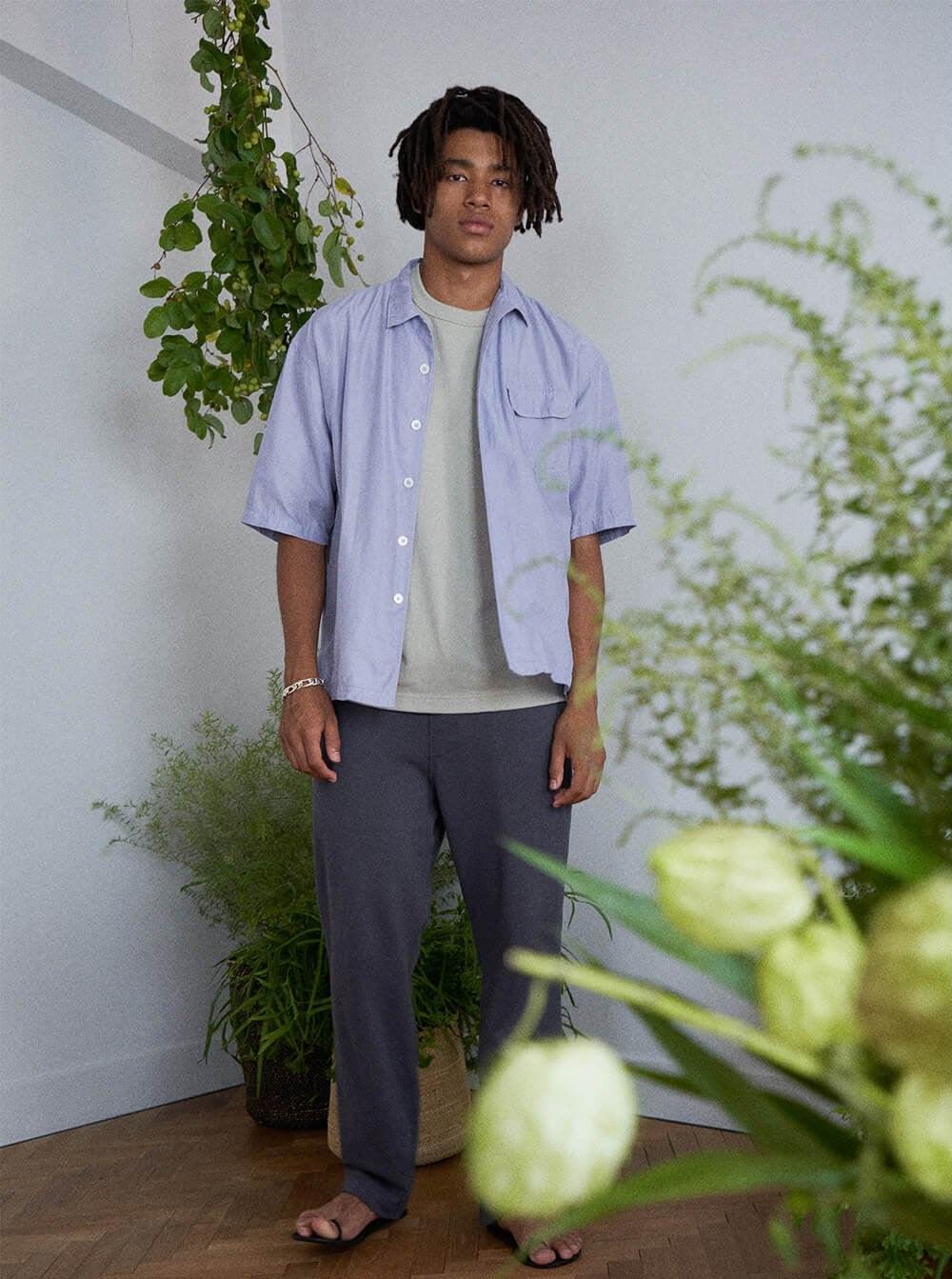 Namu Shop - Unfil Cotton Silk Twill Open Collar SS Shirt - Blue Gray