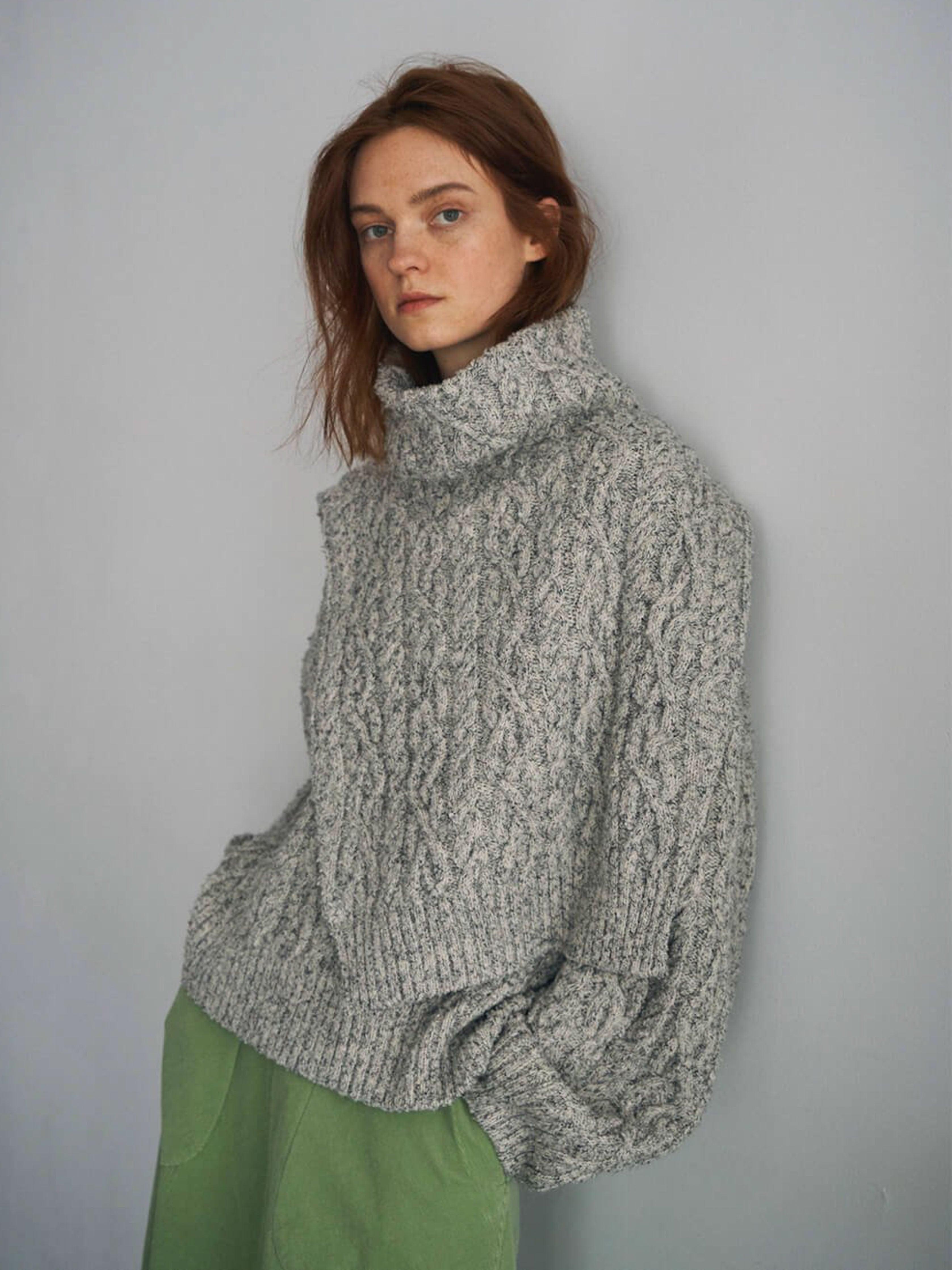 Namu Shop - Unfil French Merino Cotton Boucle Cable Knit Sweater - Gray Mix