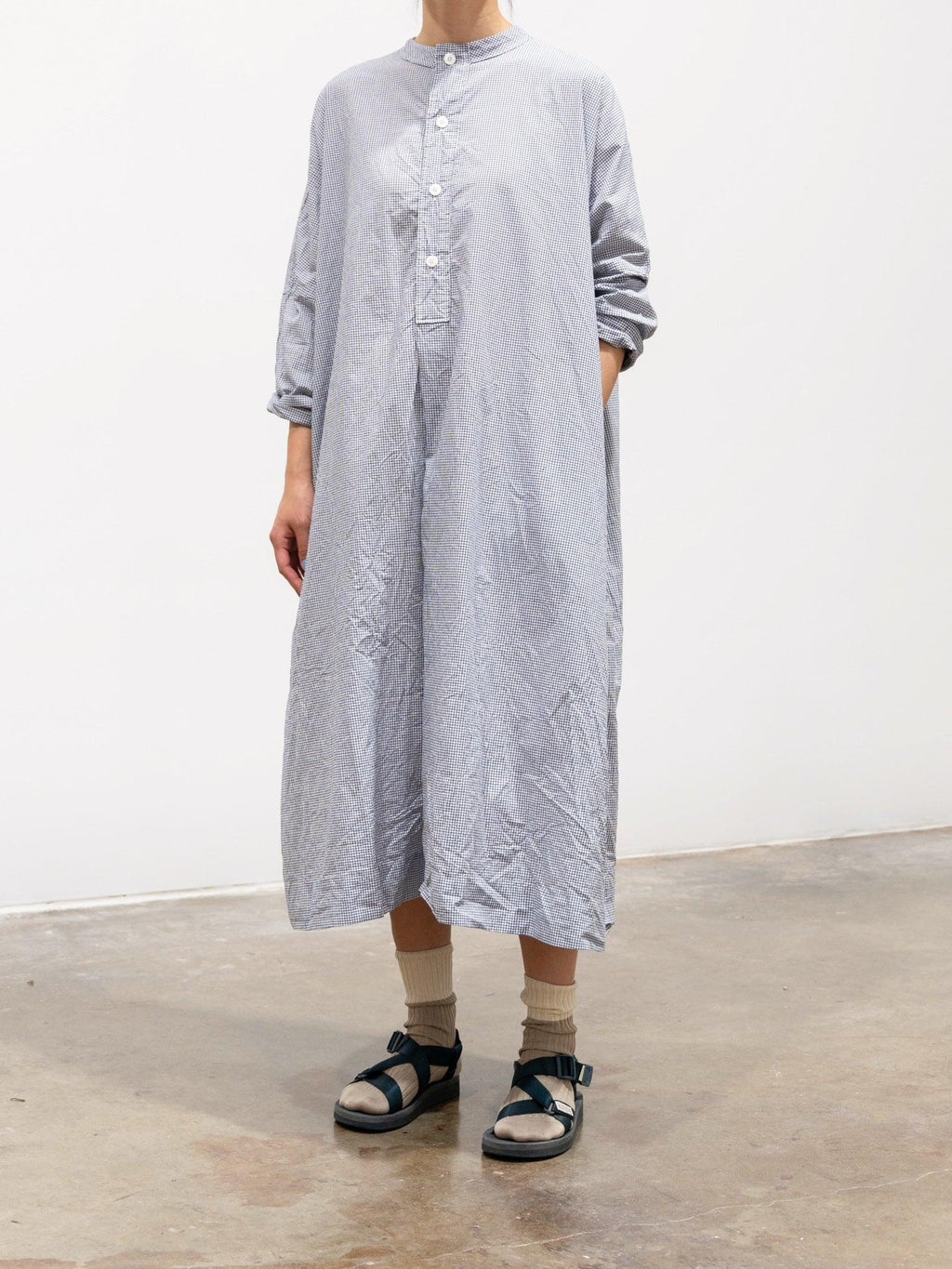 Namu Shop - Veritecoeur Band Collar Shirt Dress - Navy Check