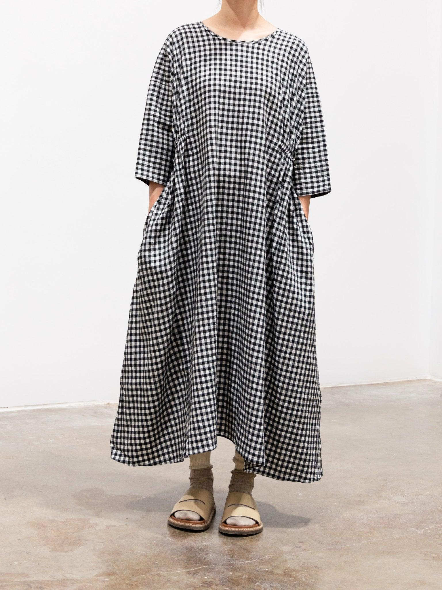 Namu Shop - Veritecoeur Linen Side Gather Dress - Small Black Check