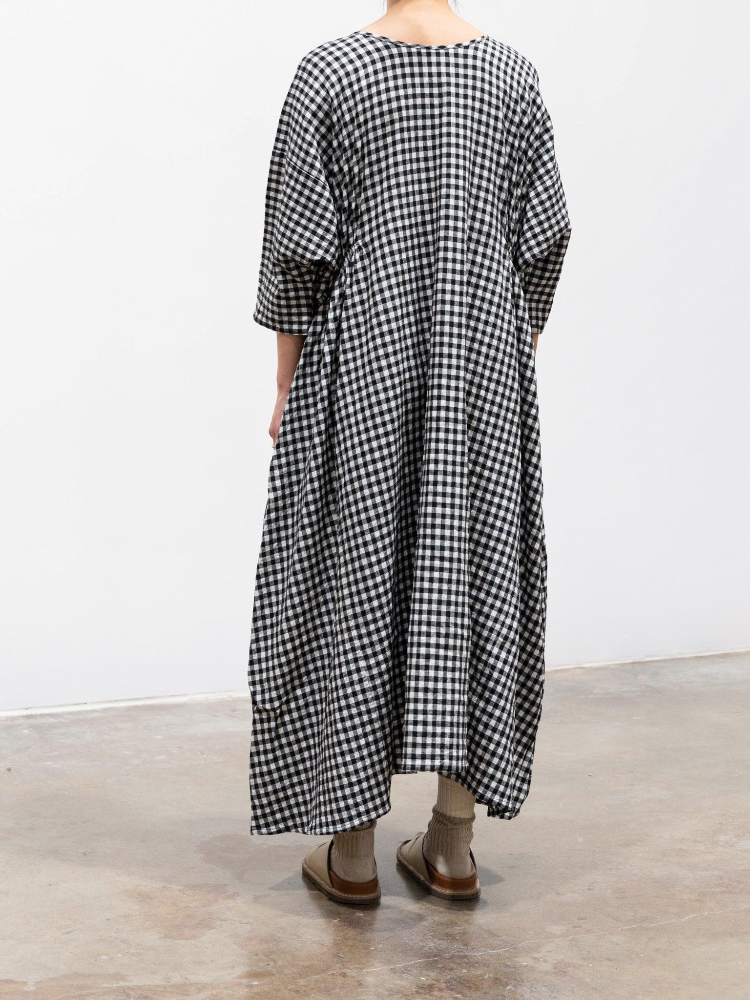 Namu Shop - Veritecoeur Linen Side Gather Dress - Small Black Check