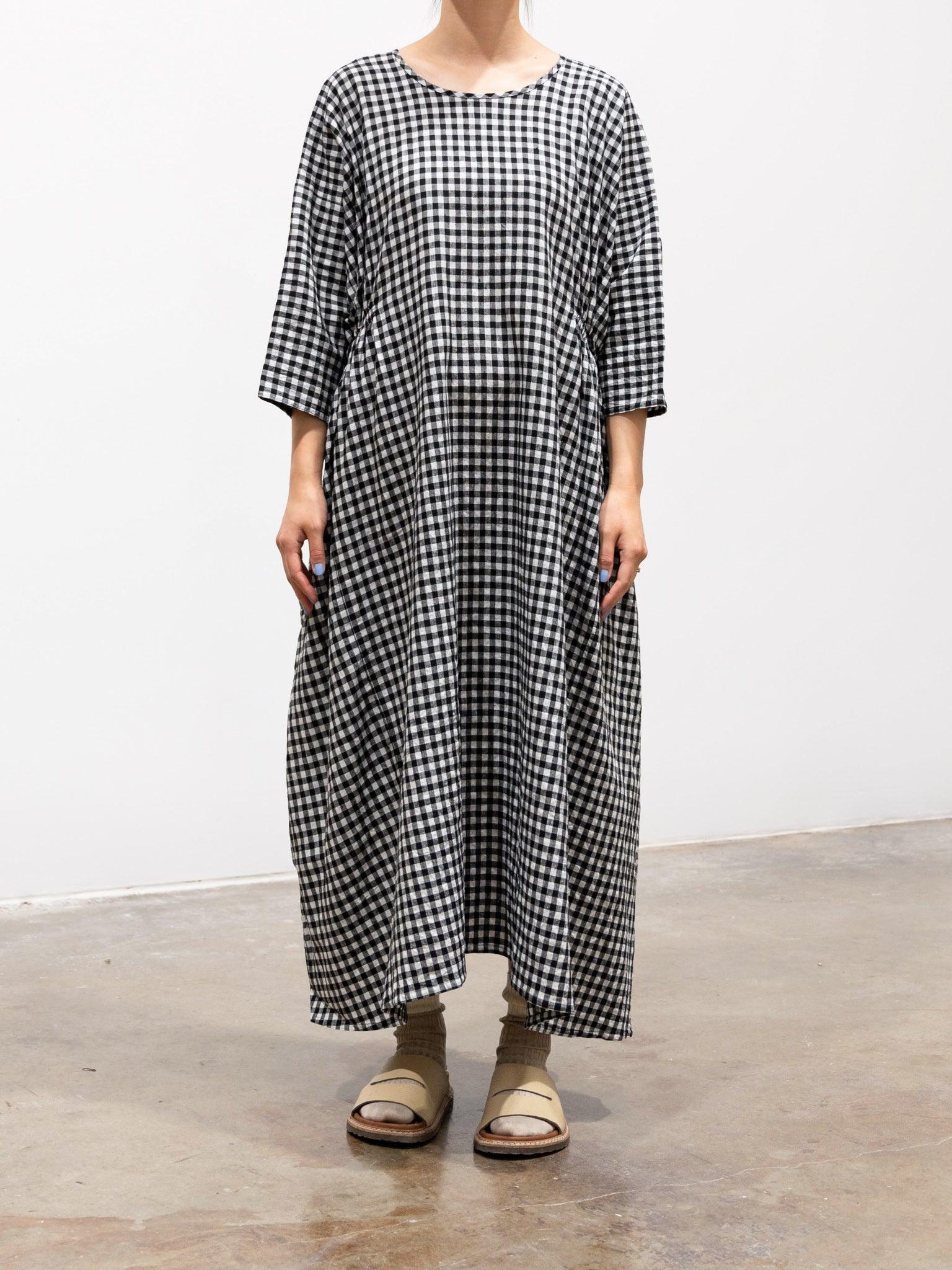 Namu Shop - Veritecoeur Linen Side Gather Dress - Small Black Check
