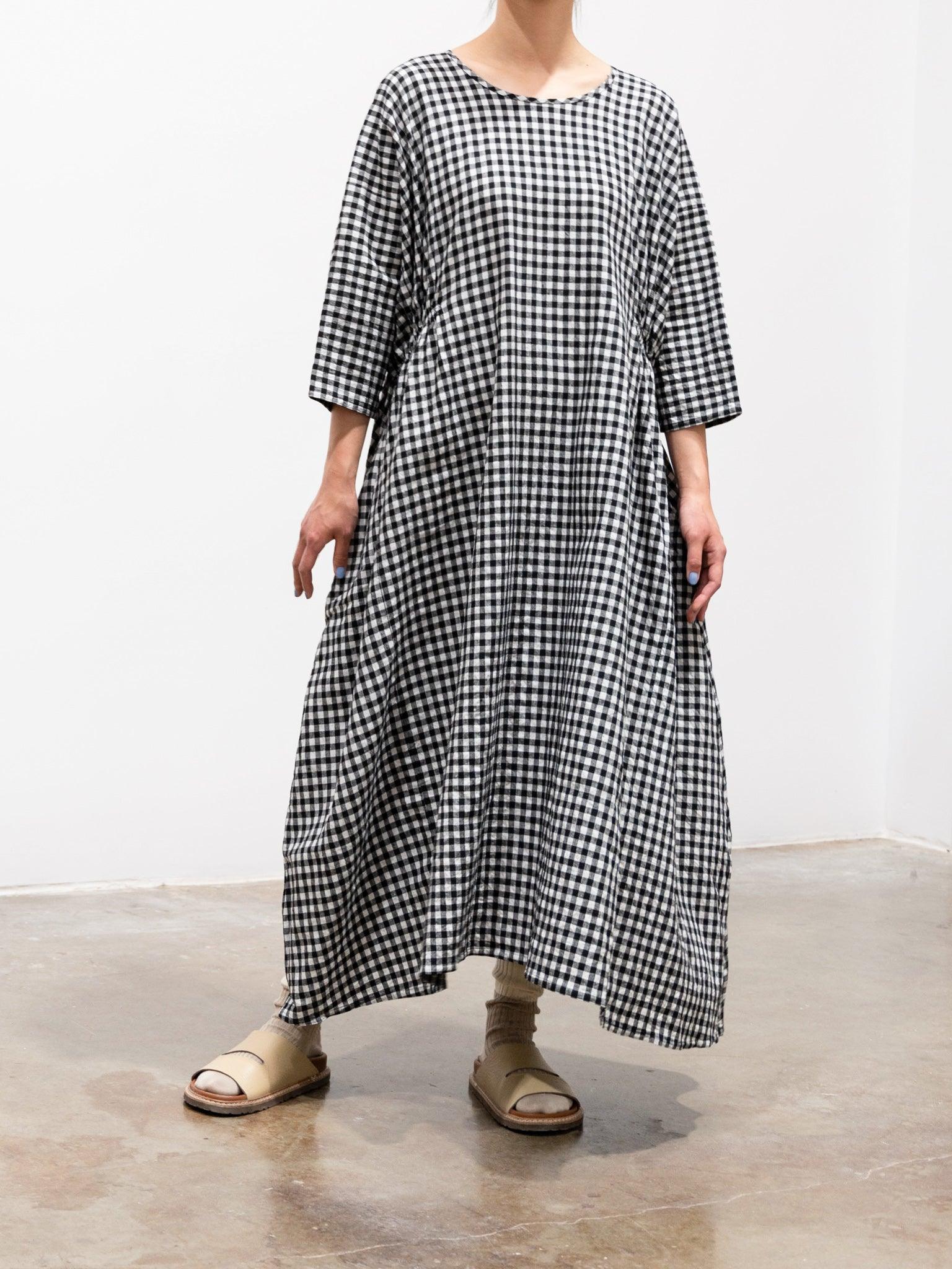 Namu Shop - Veritecoeur Linen Side Gather Dress - Small Black Check