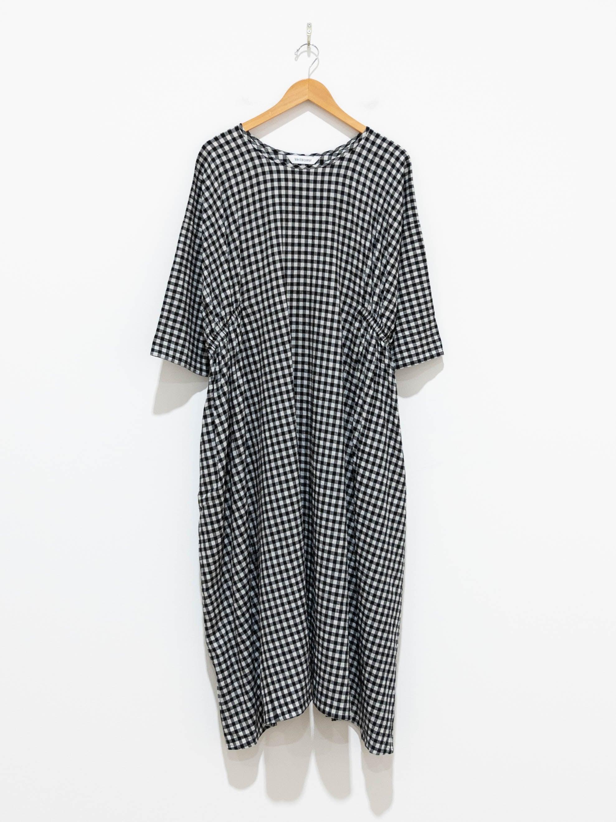 Namu Shop - Veritecoeur Linen Side Gather Dress - Small Black Check