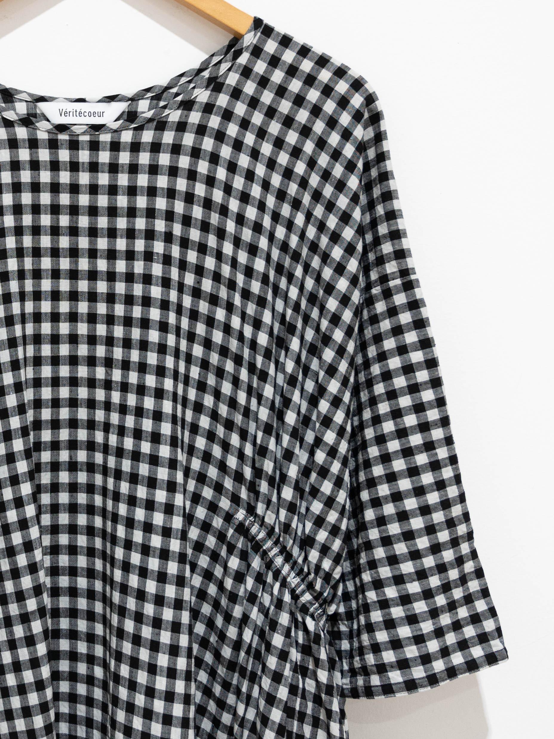 Namu Shop - Veritecoeur Linen Side Gather Dress - Small Black Check