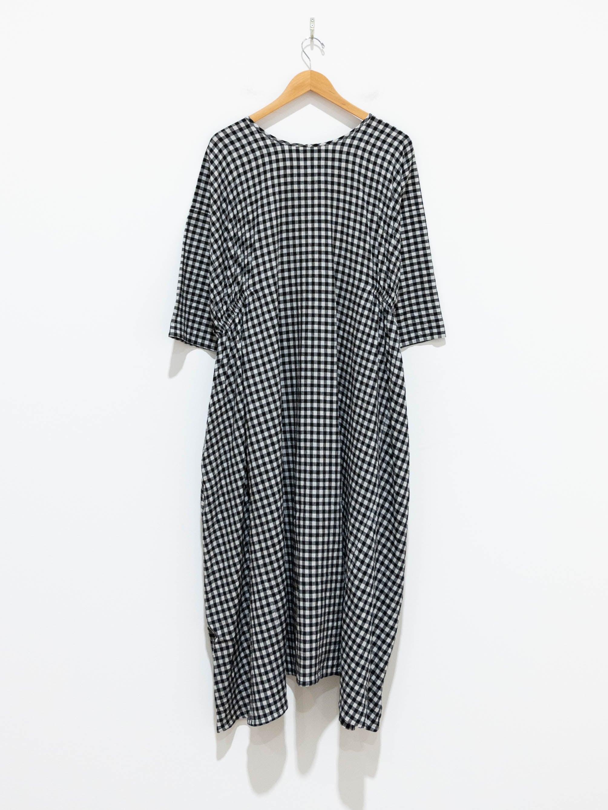 Namu Shop - Veritecoeur Linen Side Gather Dress - Small Black Check